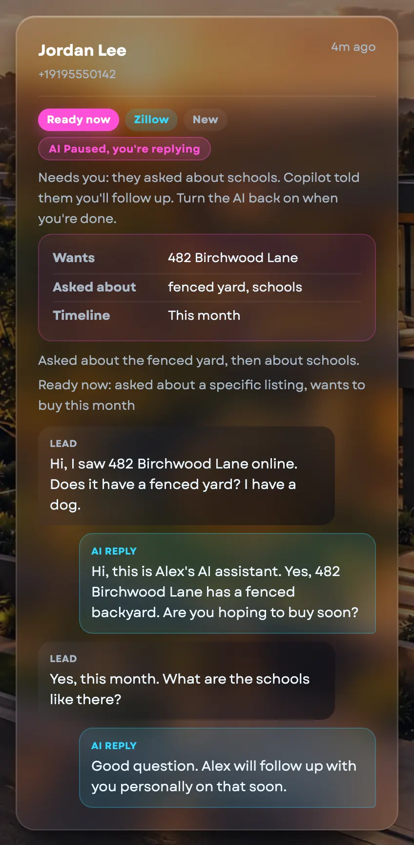 Example conversation in Agents Copilot: a lead asks about a fenced yard and the AI answers from the listing, then the lead asks about schools and the AI hands the question to the agent.