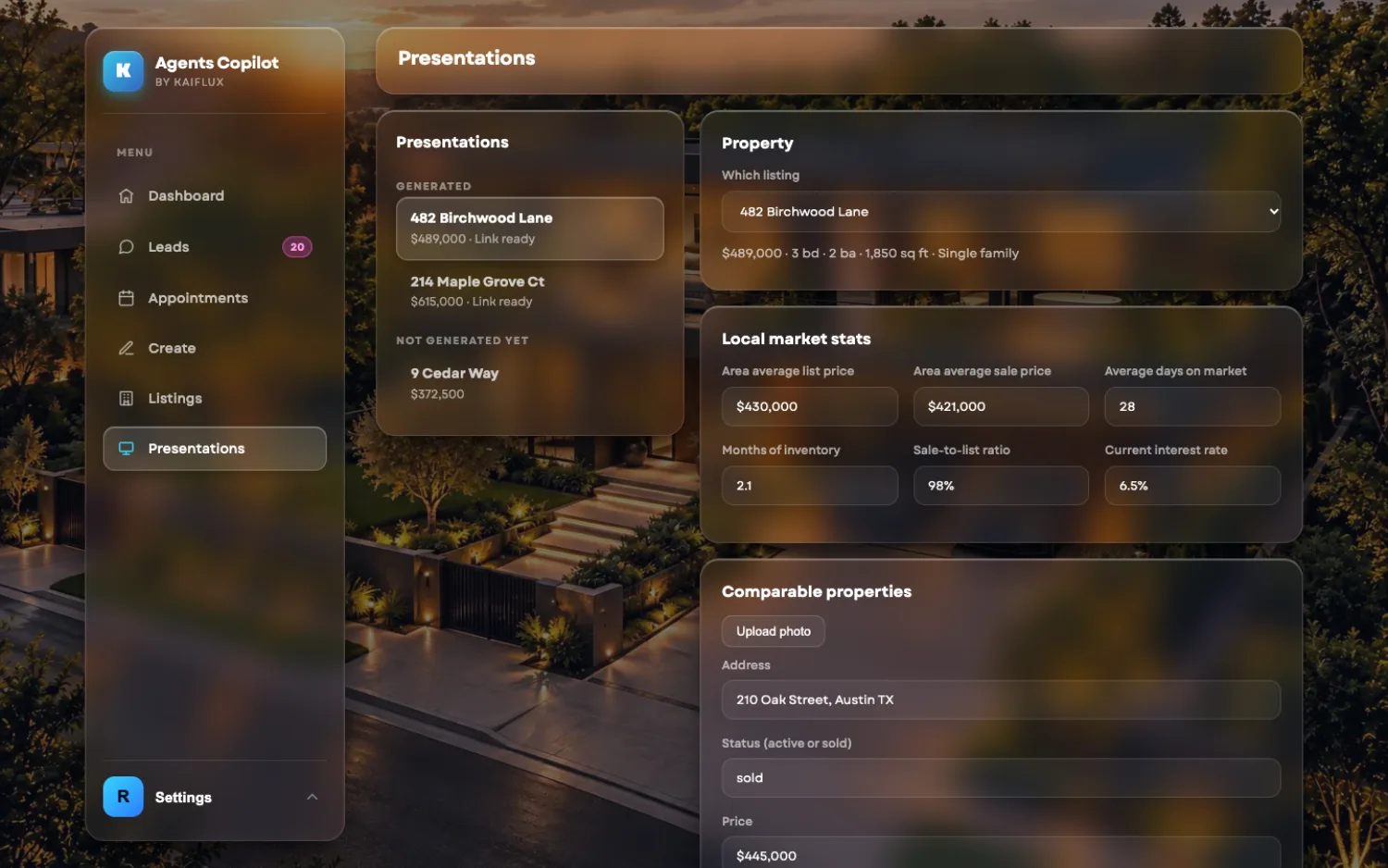 The Presentations page: a list of listings on the left and the presentation details on the right.